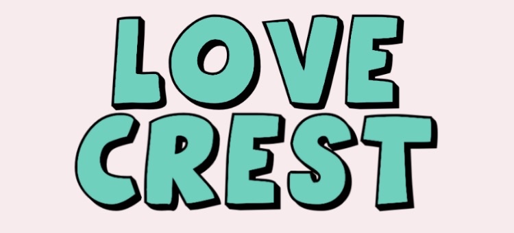 LoveCrest's logo. Text displays:LoveCrest in a turquoise font